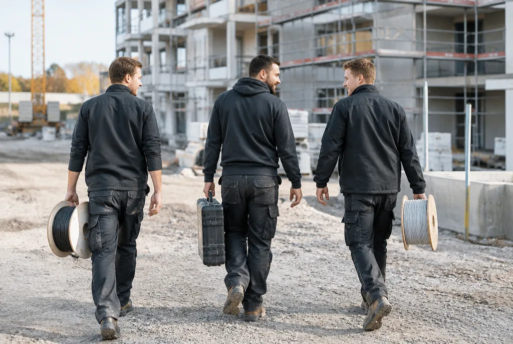 Drei Elektriker mit Kabeltrommeln und Werkzeugkoffer auf einer Baustelle
