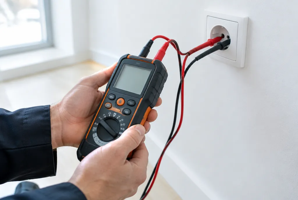 Elektriker prüft eine Steckdose mit einem Installationstester