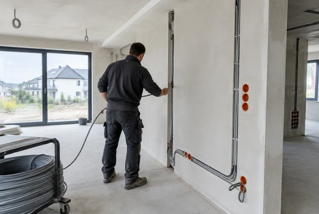 Elektriker verlegt Leitungen im Rohbau eines Neubaus
