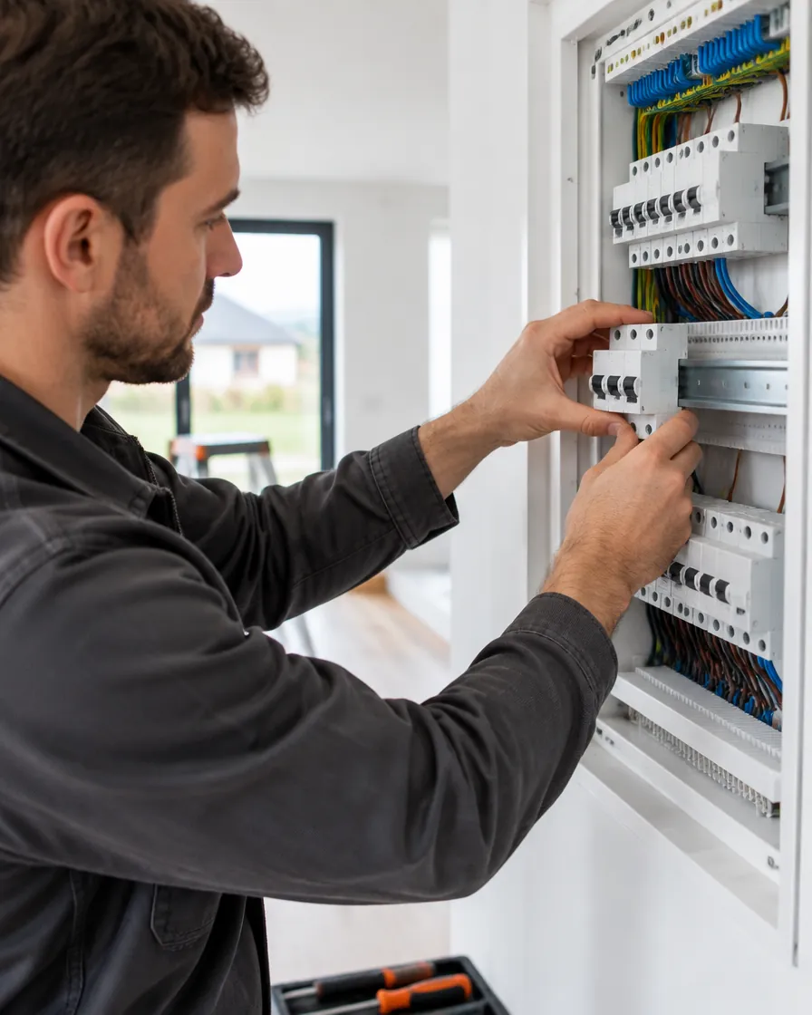 Elektriker montiert Leitungsschutzschalter in einer Unterverteilung