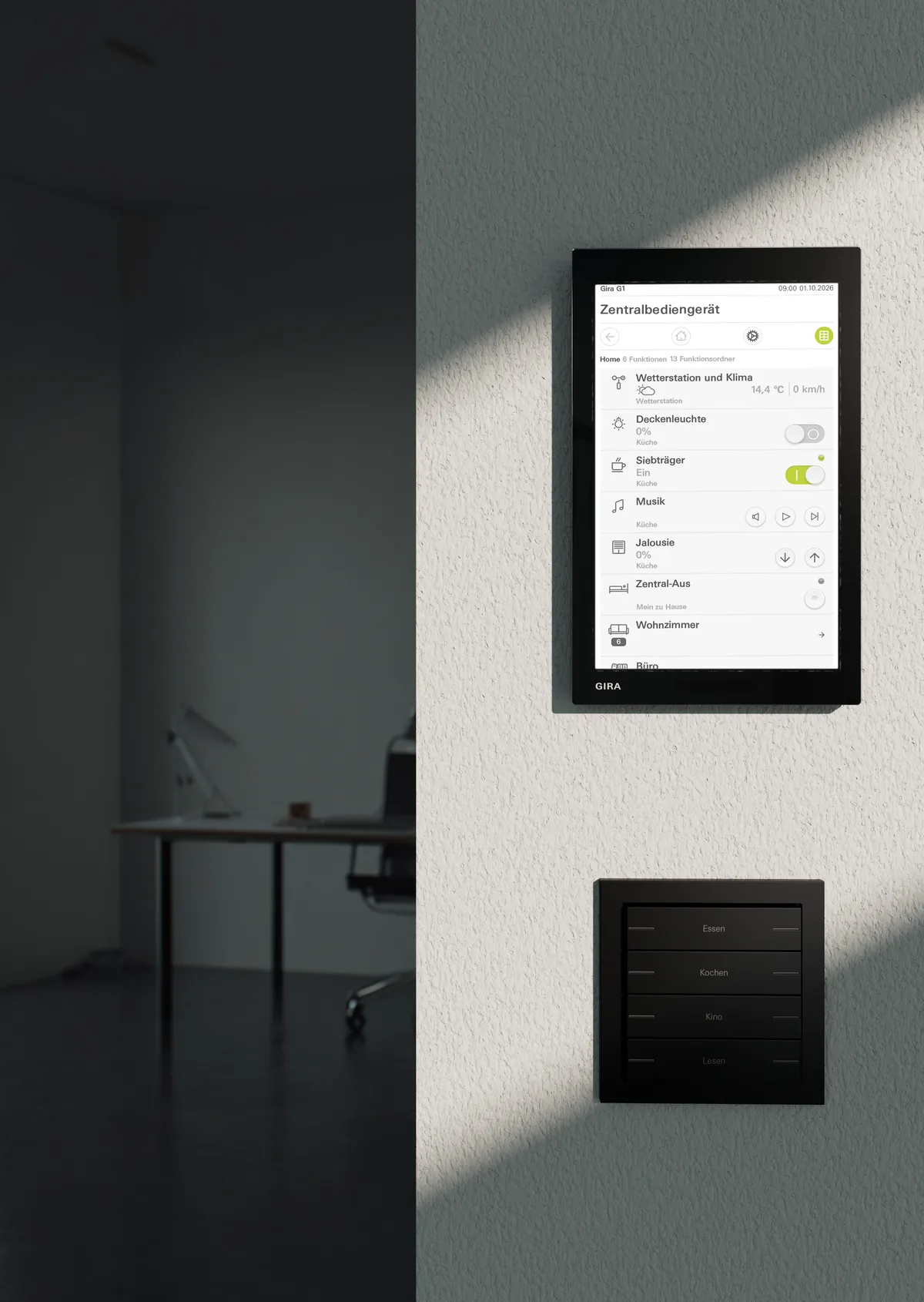 Gira G1 Bediengerät und Tastsensor im Arbeitszimmer
