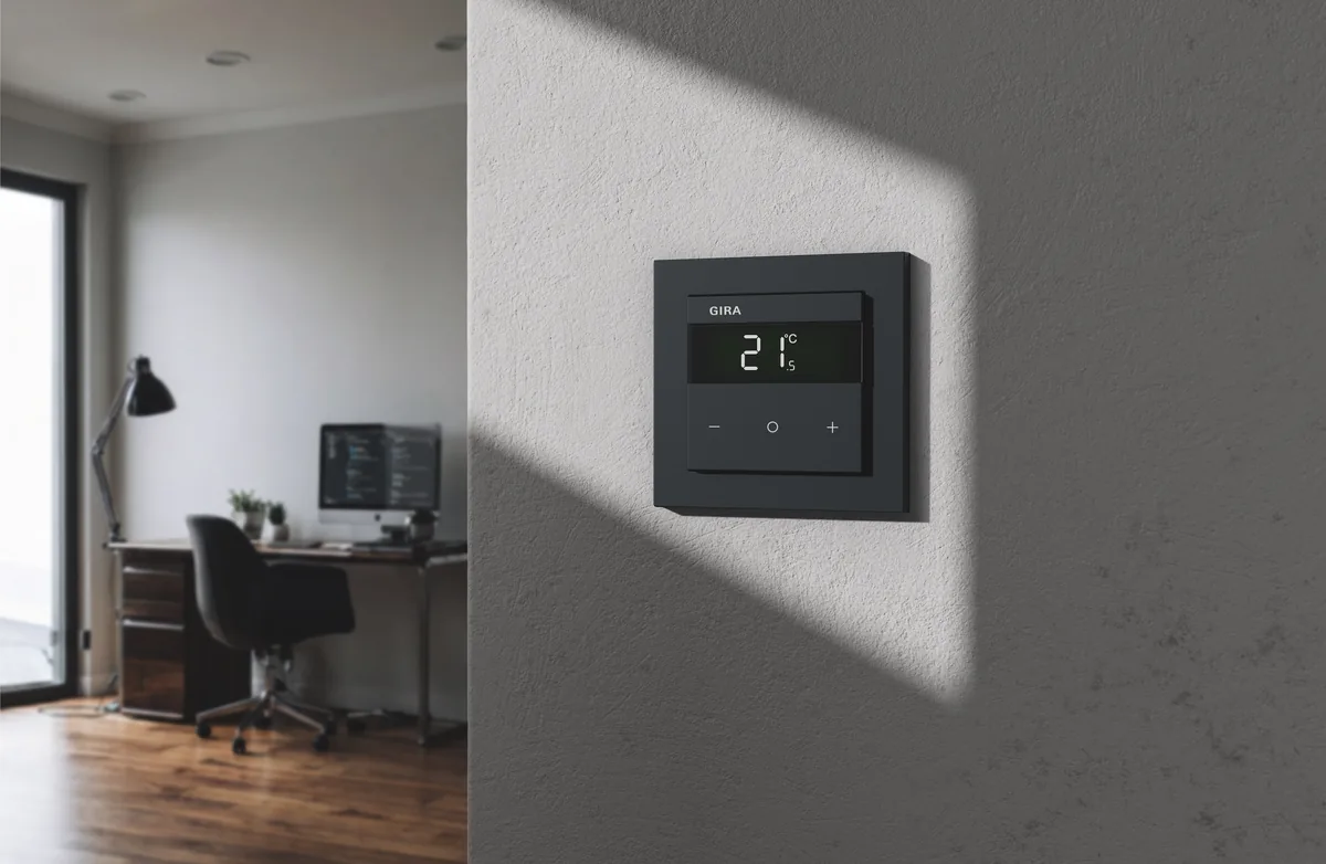 Gira Raumklimasensor für KNX an der Wand eines Büros