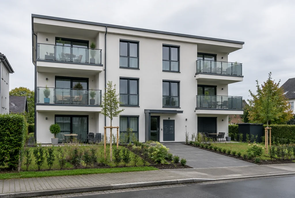 Neu gebautes Mehrfamilienhaus mit Balkonen und frisch angelegtem Vorgarten