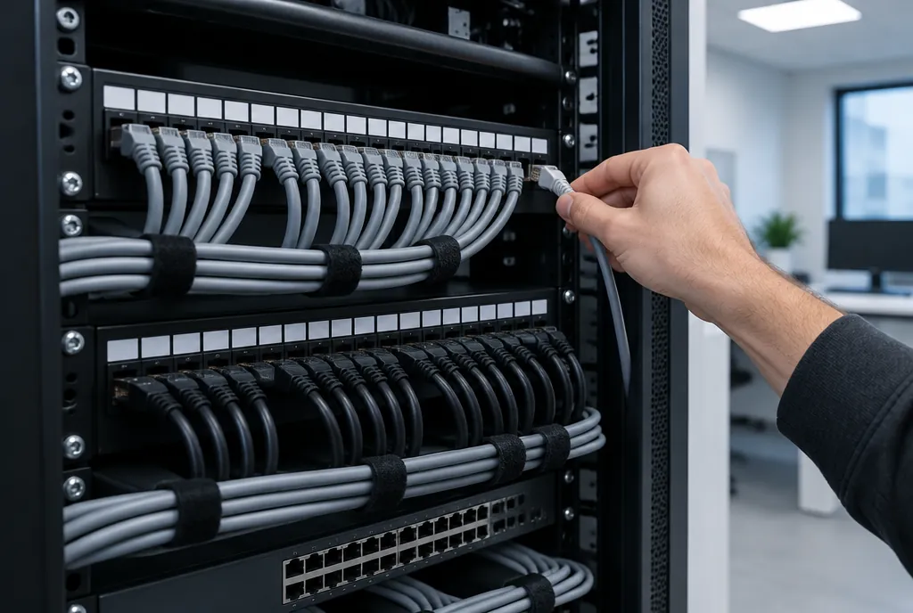 Netzwerkschrank mit sauber verlegten Netzwerkkabeln