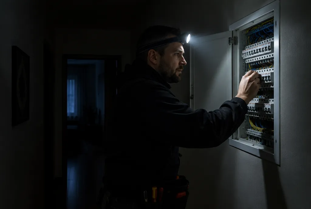 Elektriker prüft nachts mit Stirnlampe eine Unterverteilung