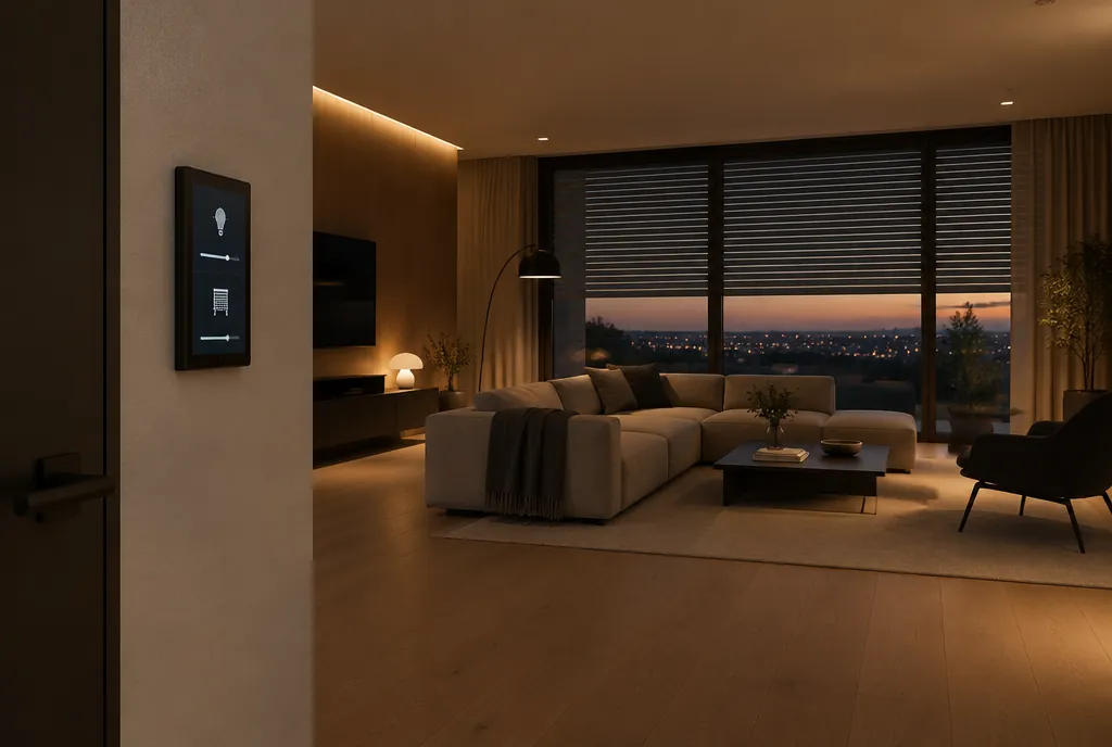 Wohnzimmer mit Smart-Home-Touchpanel und automatischen Jalousien